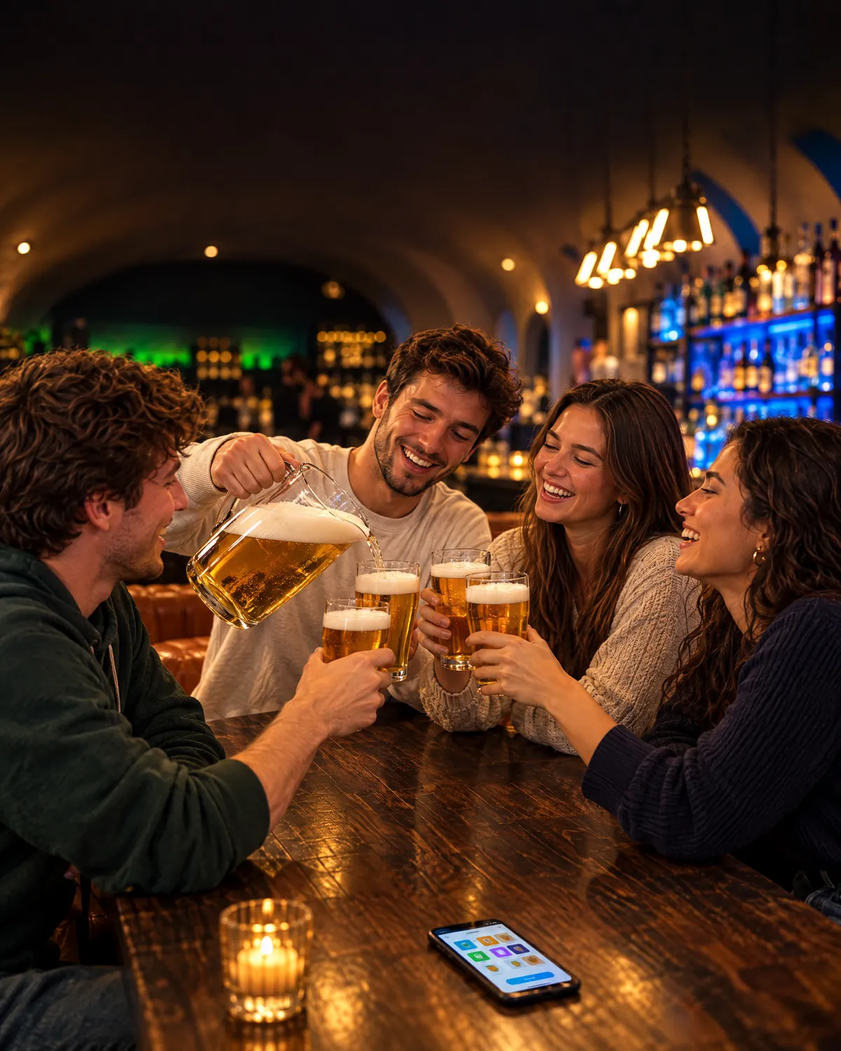Studierende stoßen im Pub&Go mit Bier aus dem 1,5-Liter-Pitcher an, ein Handy liegt auf dem Tisch