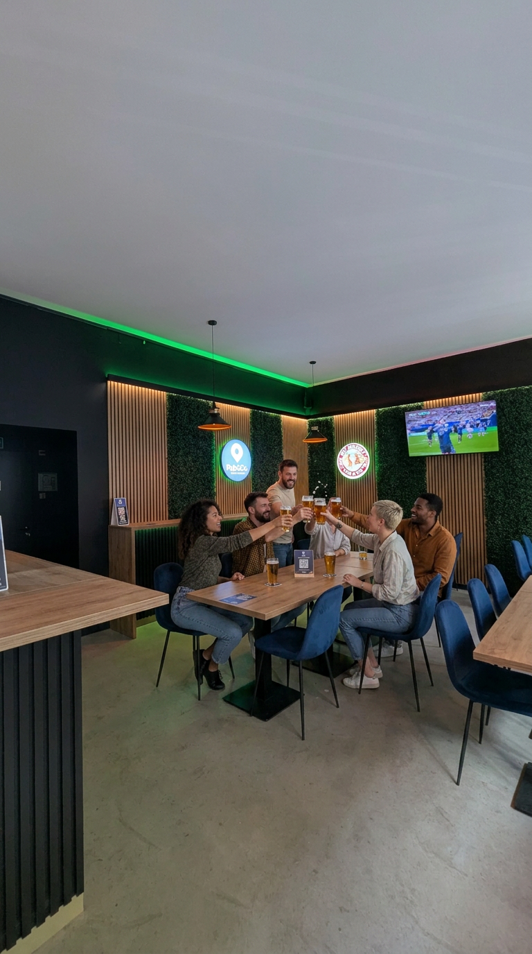 Pub&Go Prenzlauer Berg Innenraum, Holztische, blaue Samtstühle, Live-Sport auf dem TV