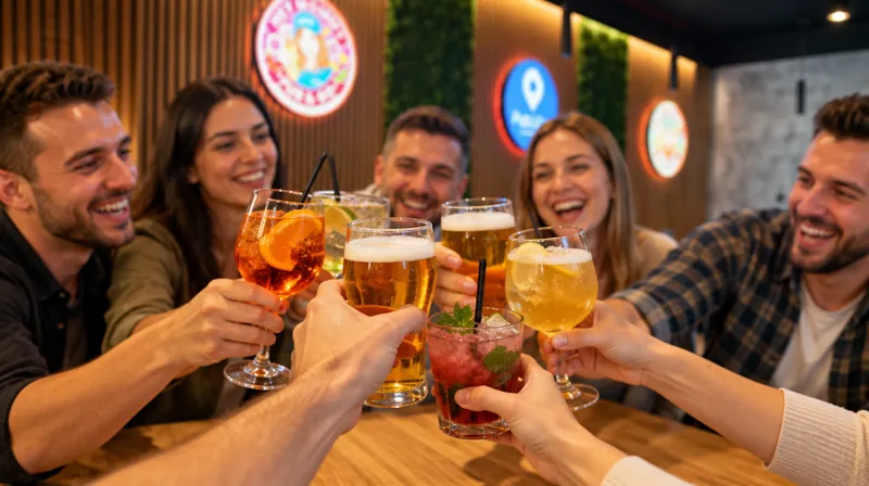 Freunde stoßen mit Bier und Spritz an