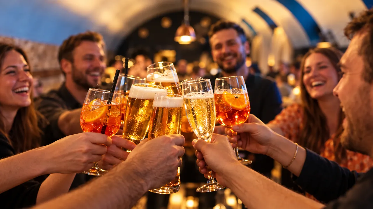 Anstoßen mit Bier, Sekt und Spritz