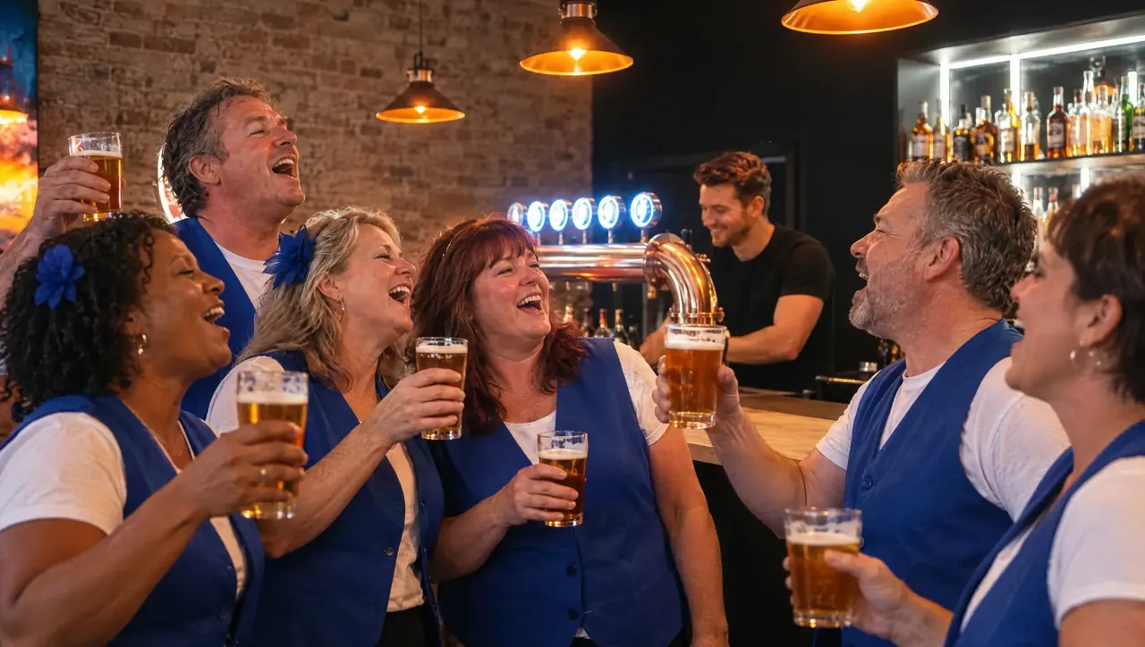 Team stößt mit Bier an der Bar im Pub&Go Prenzlauer Berg an