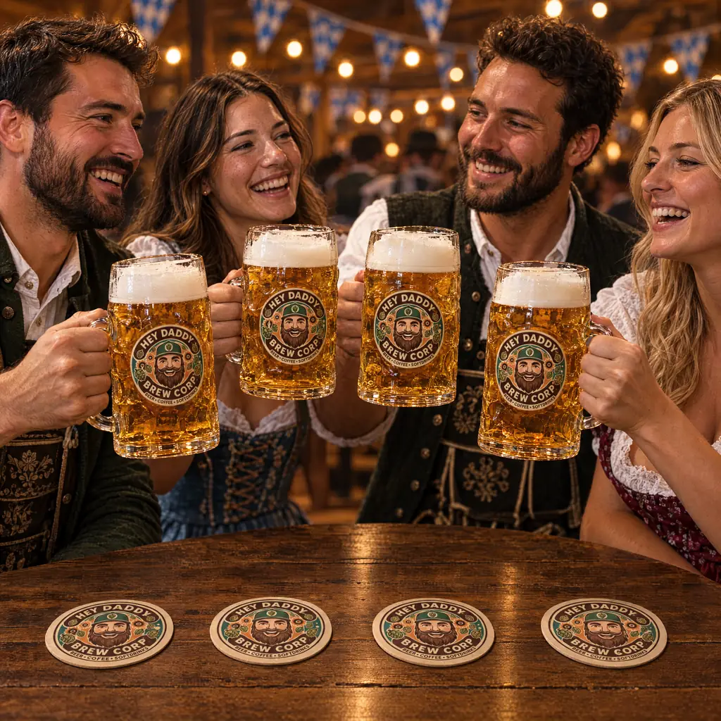 Freunde stoßen mit Maßkrügen Hey Daddy Oktoberfest-Bier an, dazu eine Brezel auf dem Tisch