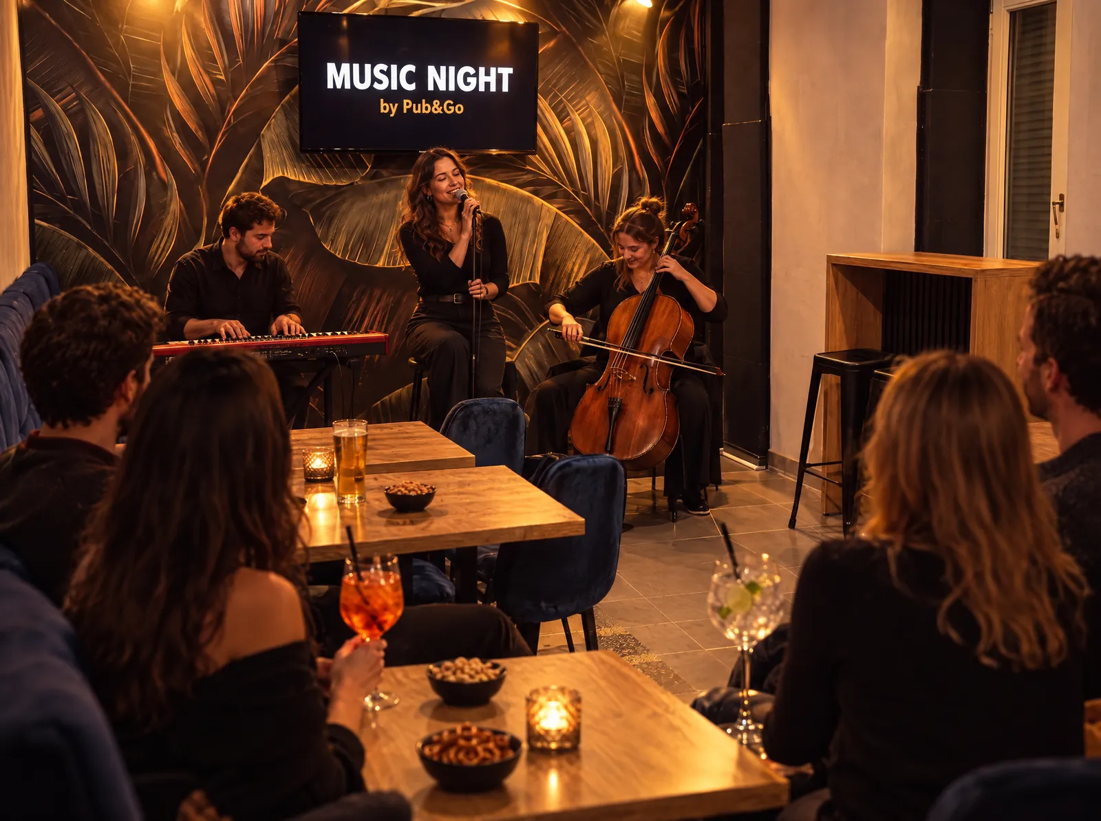 Live-Band bei der MusicNight im Pub&Go Prenzlauer Berg: Sängerin, Keyboarder und Cellistin vor Publikum