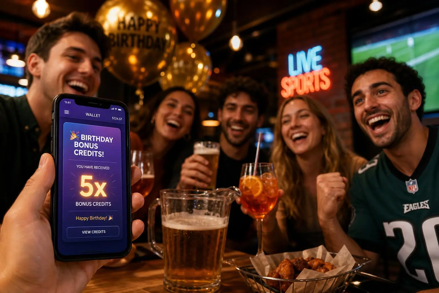 Freunde feiern Geburtstag im Pub&Go mit 5× Bonus Credits in der App