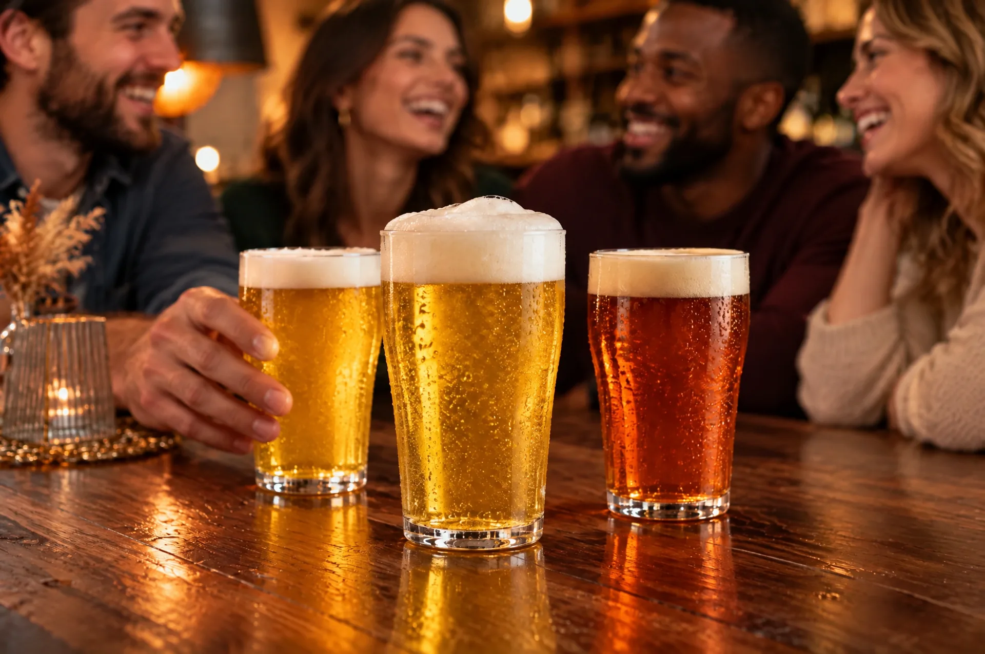 Drei frisch gezapfte Biere auf dem Holztisch im Pub&Go Halle, Freunde im Hintergrund