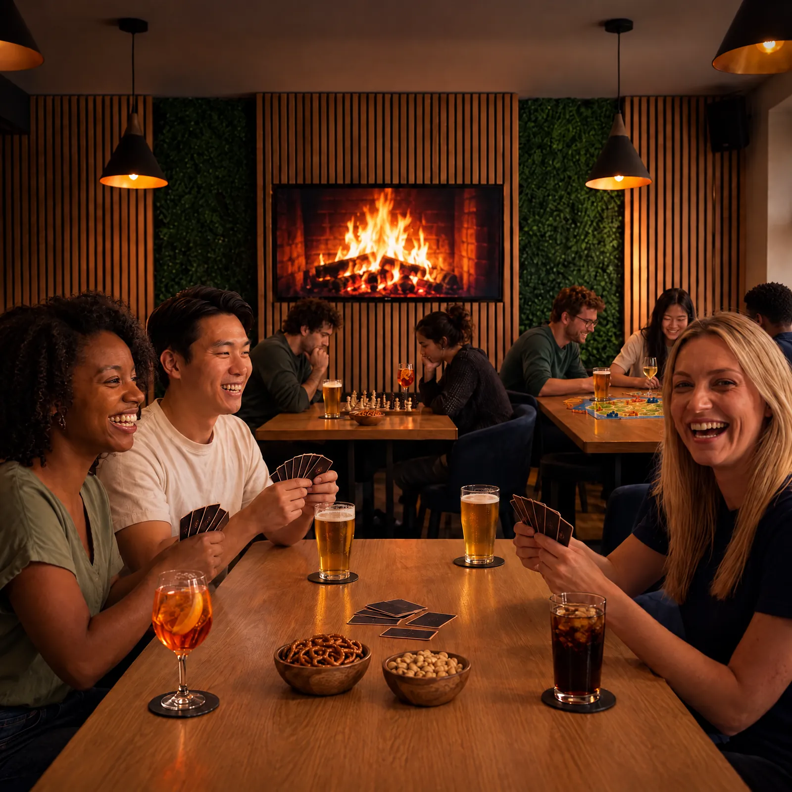 Spielrunden im Pub&Go, im TV läuft ein Kaminfeuer