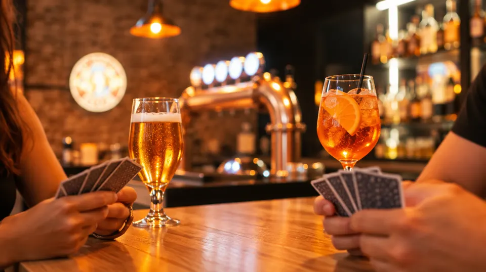 Kartenspiel mit Bier und Spritz am Tresen im Pub&Go
