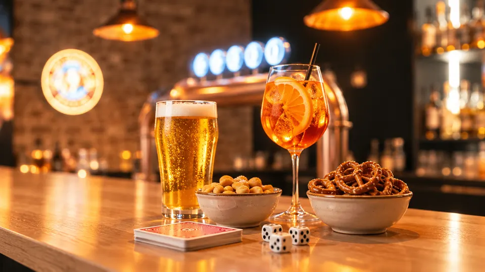 Bier, Spritz, Erdnüsse und Brezeln mit Karten und Würfeln