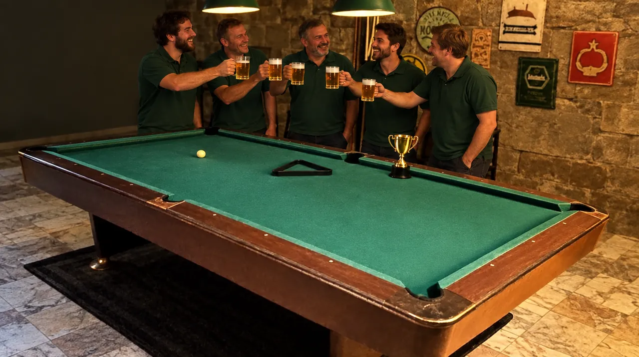 Team stößt am Pooltisch im Pub&Go Fürth an