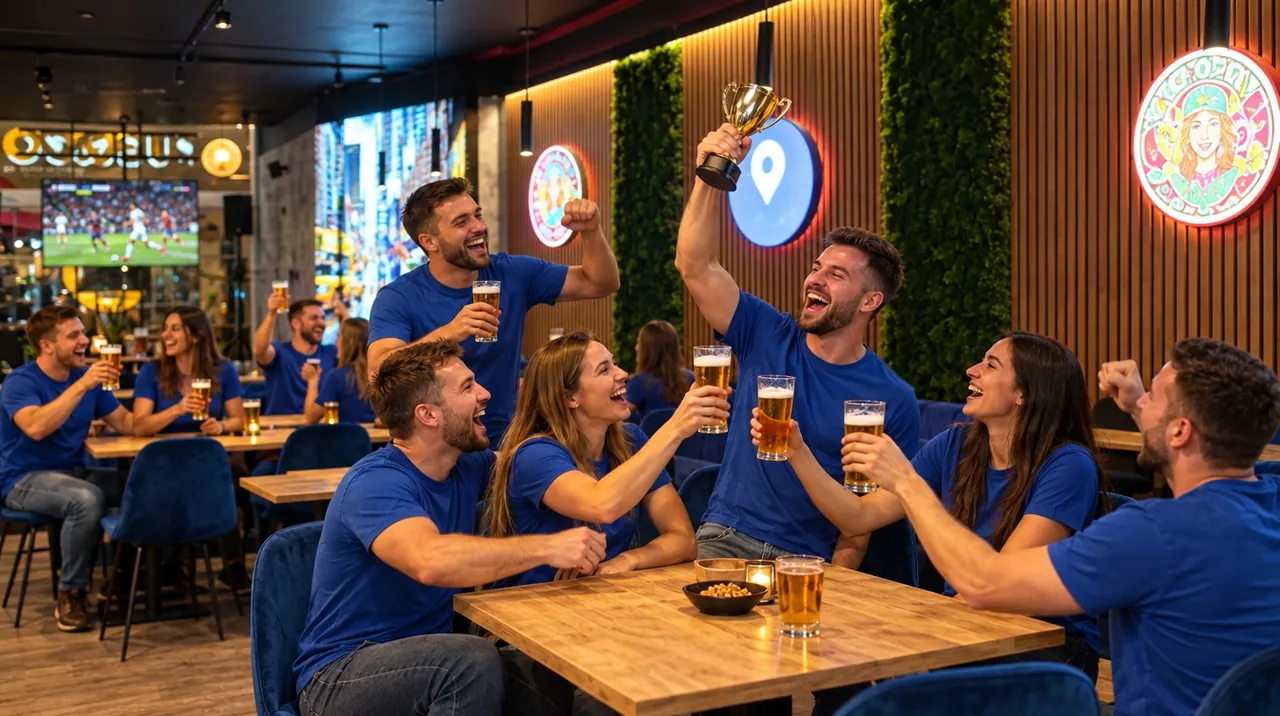 Team feiert mit Pokal im Pub&Go Bayreuth