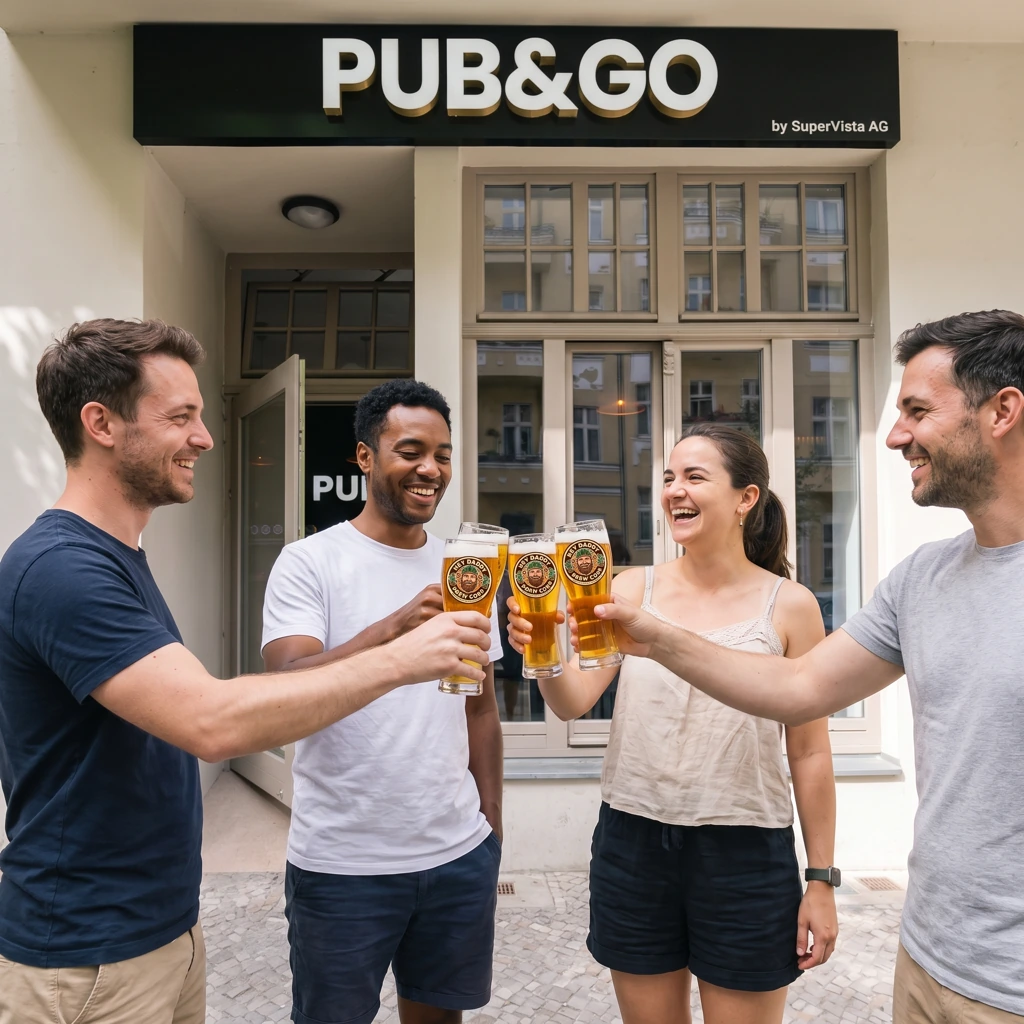 Freunde stoßen vor dem Pub&Go Prenzlauer Berg mit Bier an