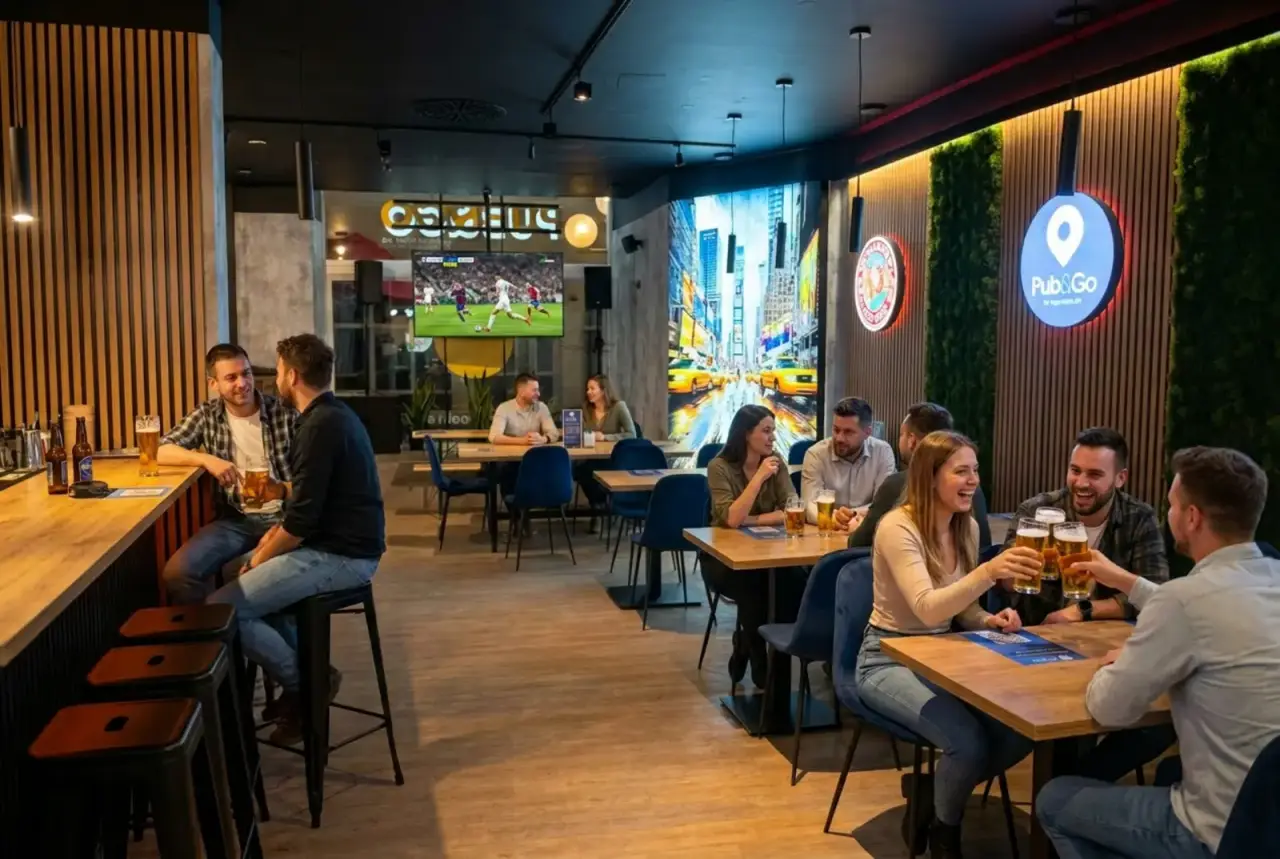 Innenraum vom Pub&Go Bayreuth: warme Beleuchtung, Live-Sport-Screen und beleuchtete NYC-Wand