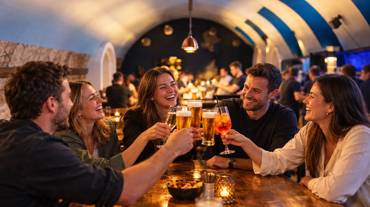 Anstoßen am Tisch im Gewölbe von Pub&Go Fürth