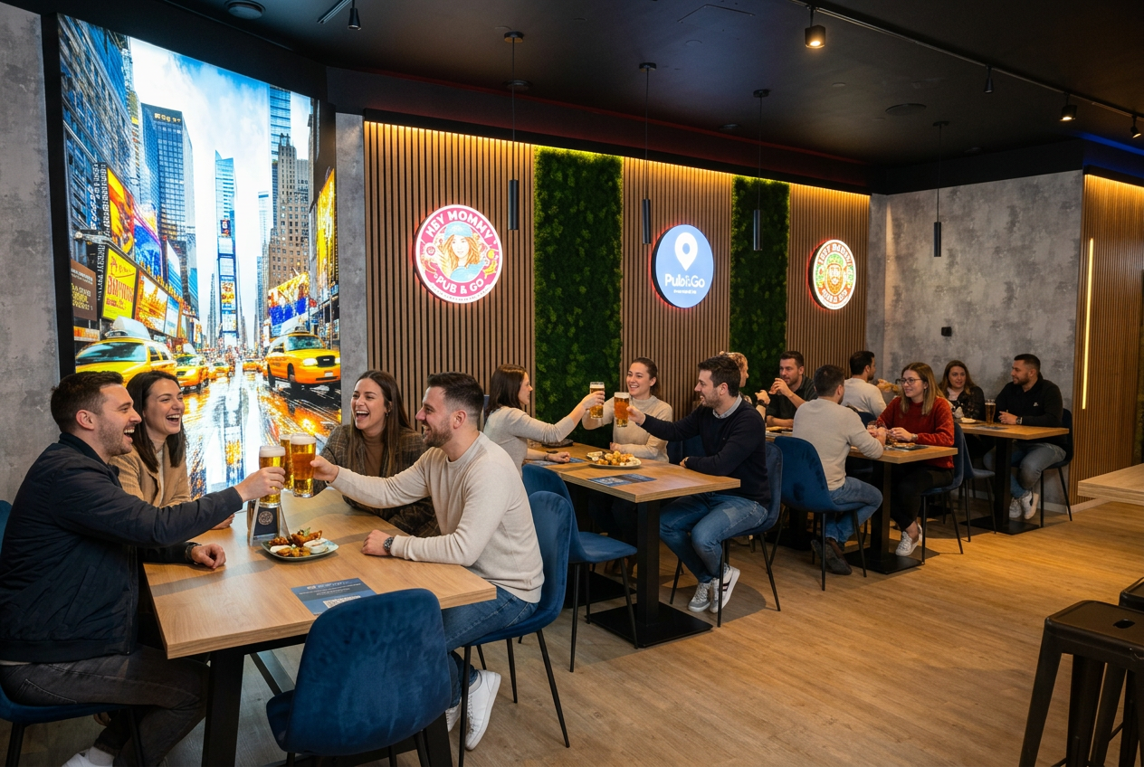 Pub&Go Bayreuth Innenraum: Gäste an Holztischen mit blauen Samtstühlen und NYC-Wandmotiv