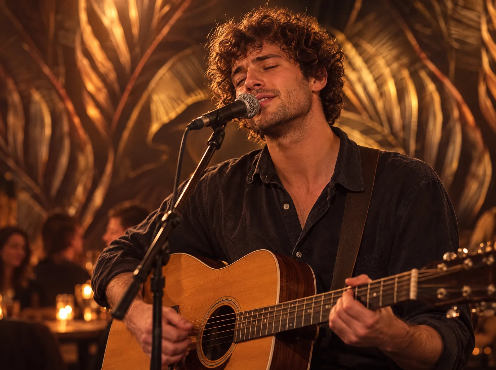 Nahaufnahme: Sänger mit Gitarre und Mikrofon bei der MusicNight im Pub&Go Prenzlauer Berg