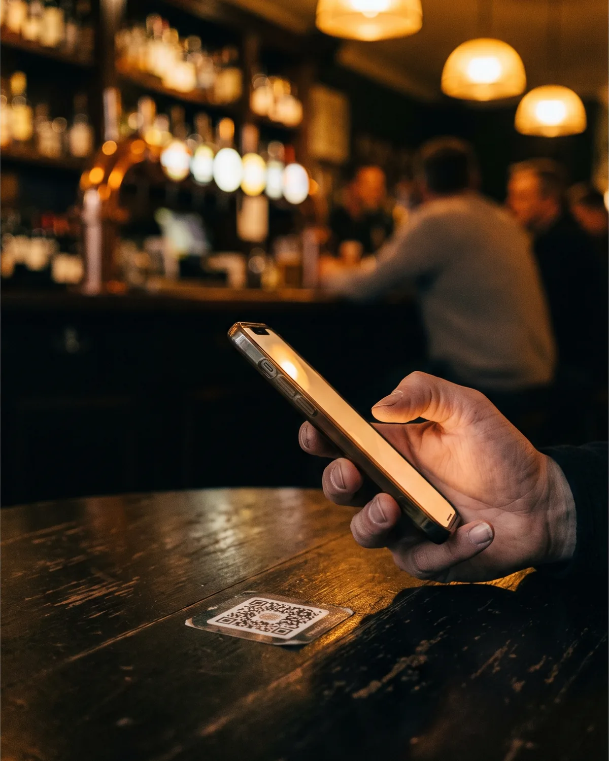Hand mit Handy über dem QR-Code am Tisch, Bar unscharf im Hintergrund