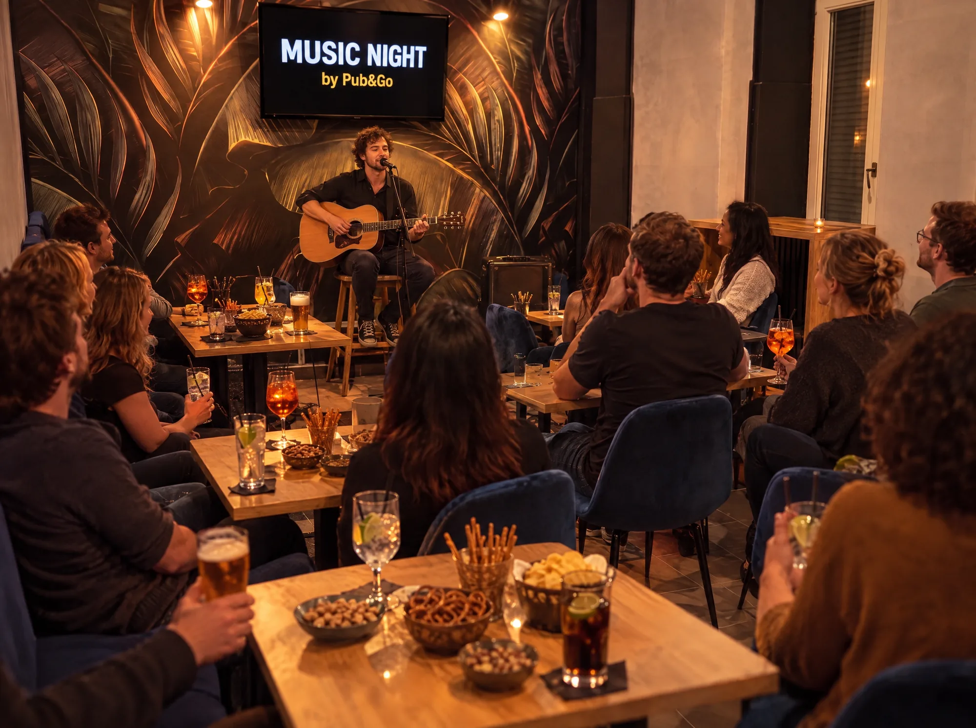 Live-Musiker mit Gitarre unter dem TV mit MusicNight-Schriftzug, Gäste mit Getränken im Pub&Go Prenzlauer Berg
