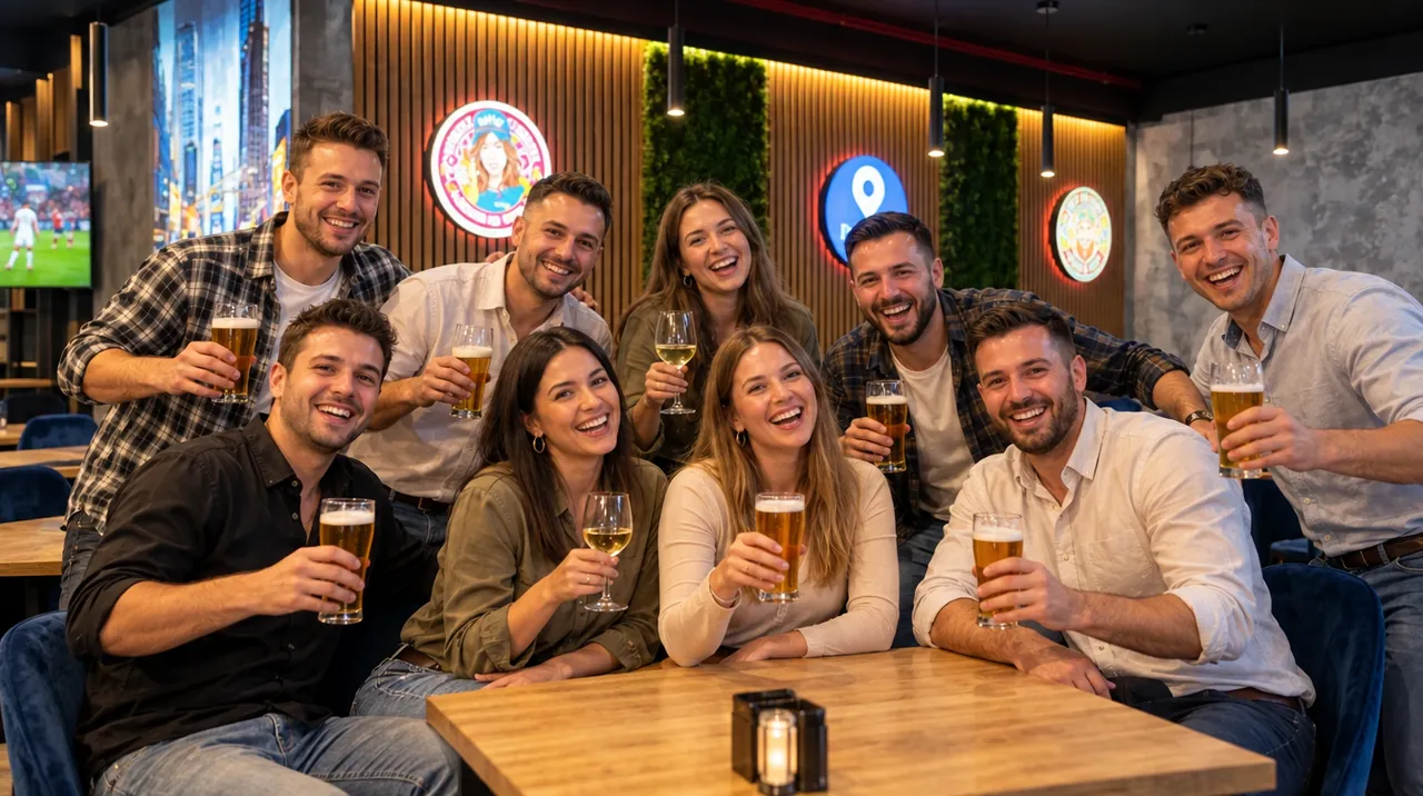 Gruppenfoto mit Drinks im Pub&Go Bayreuth