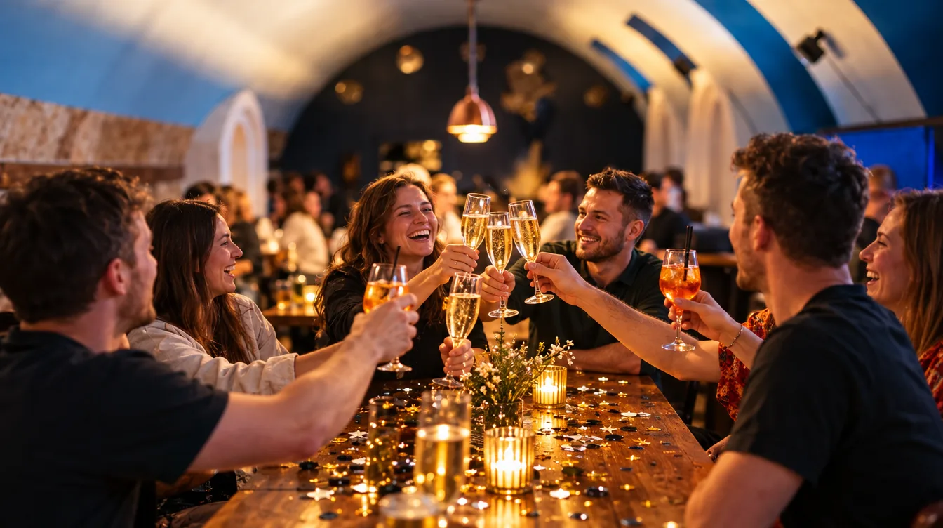 Gruppe stößt im Fürther Gewölbe von Pub&Go mit Sekt und Spritz an