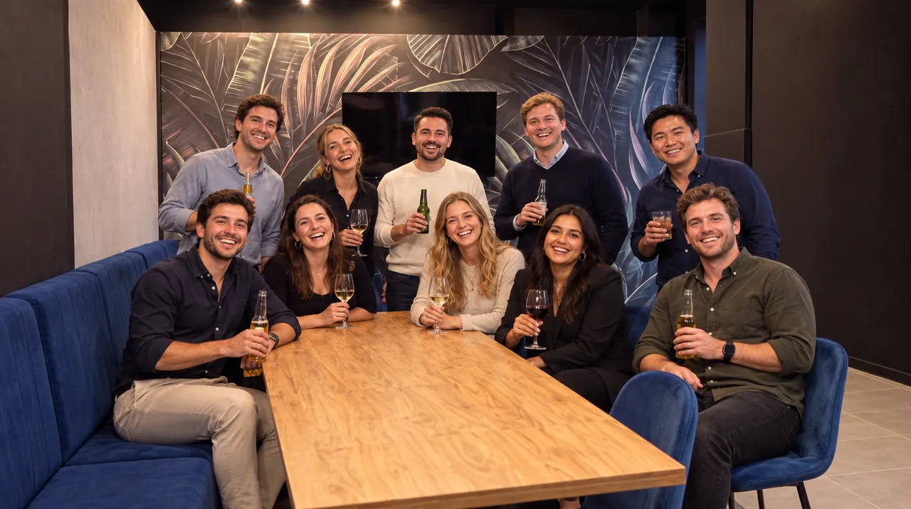 Gruppenfoto am Tisch im Pub&Go Prenzlauer Berg