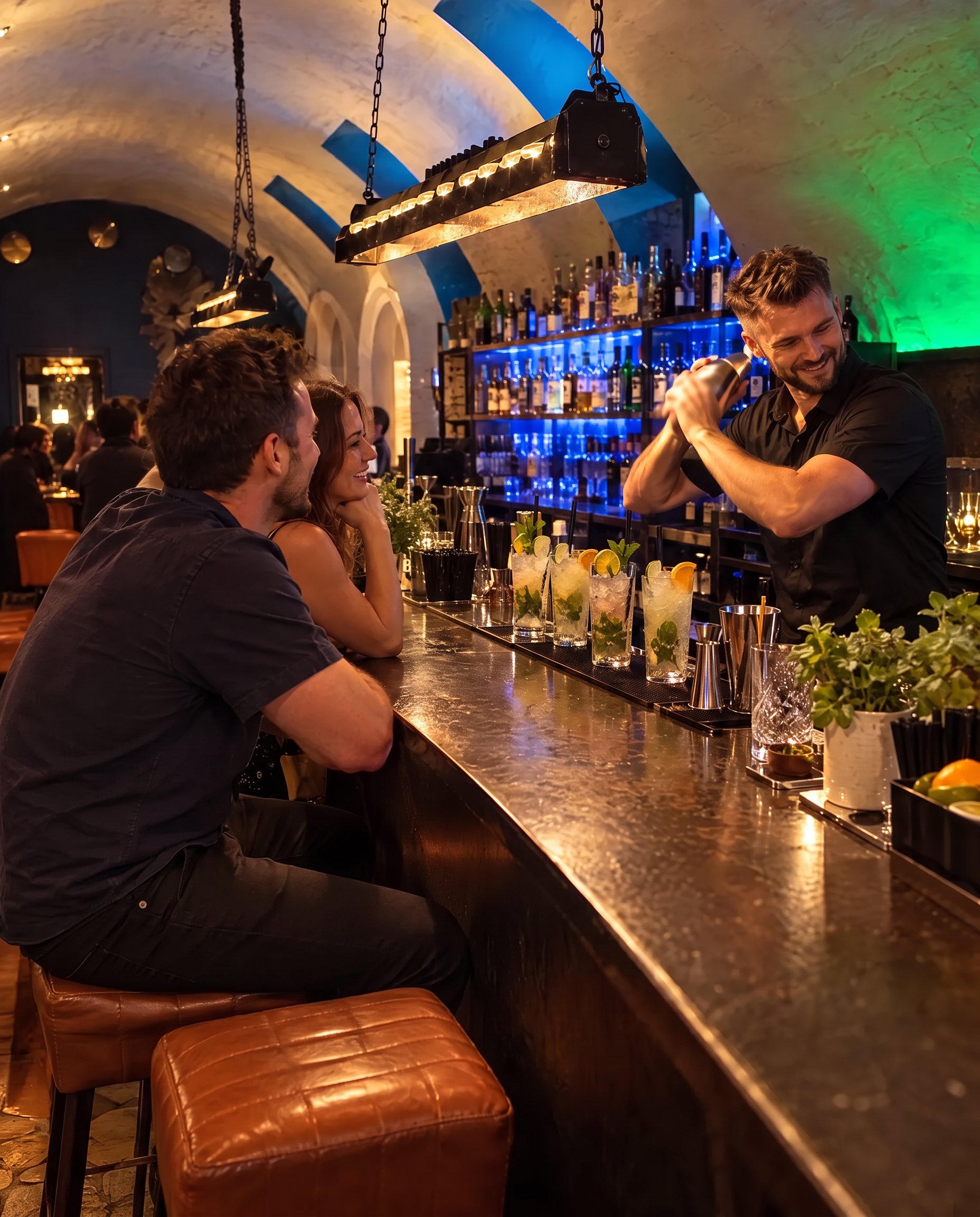 Barkeeper im Pub&Go Fürth schüttelt einen Cocktail, Gäste schauen zu