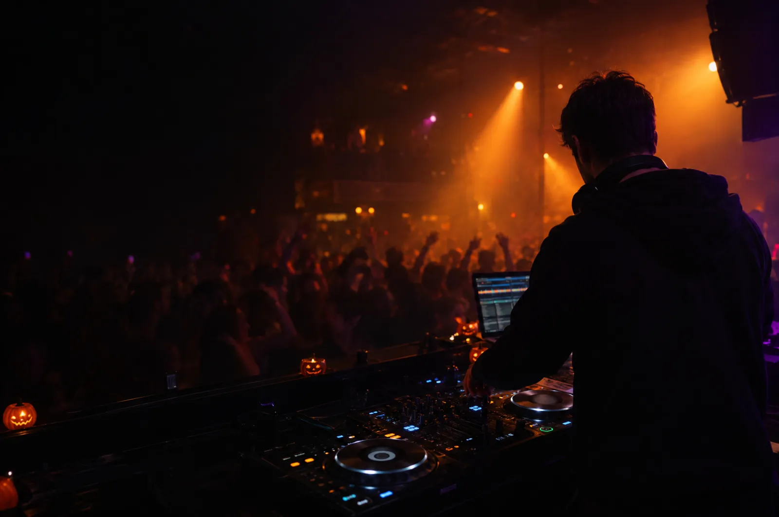 DJ am Mischpult vor tanzender Menge