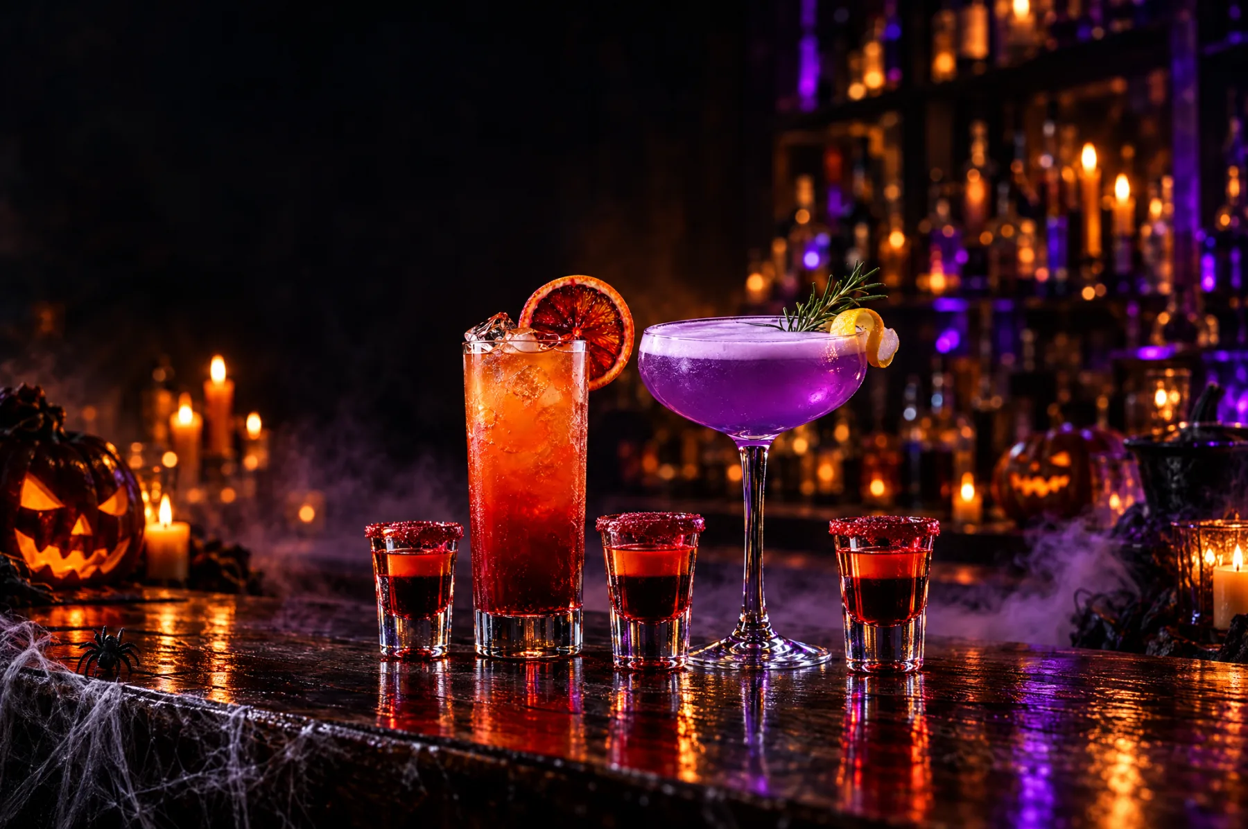 Drinks der Halloween Special Karte an der Bar im Kerzenlicht