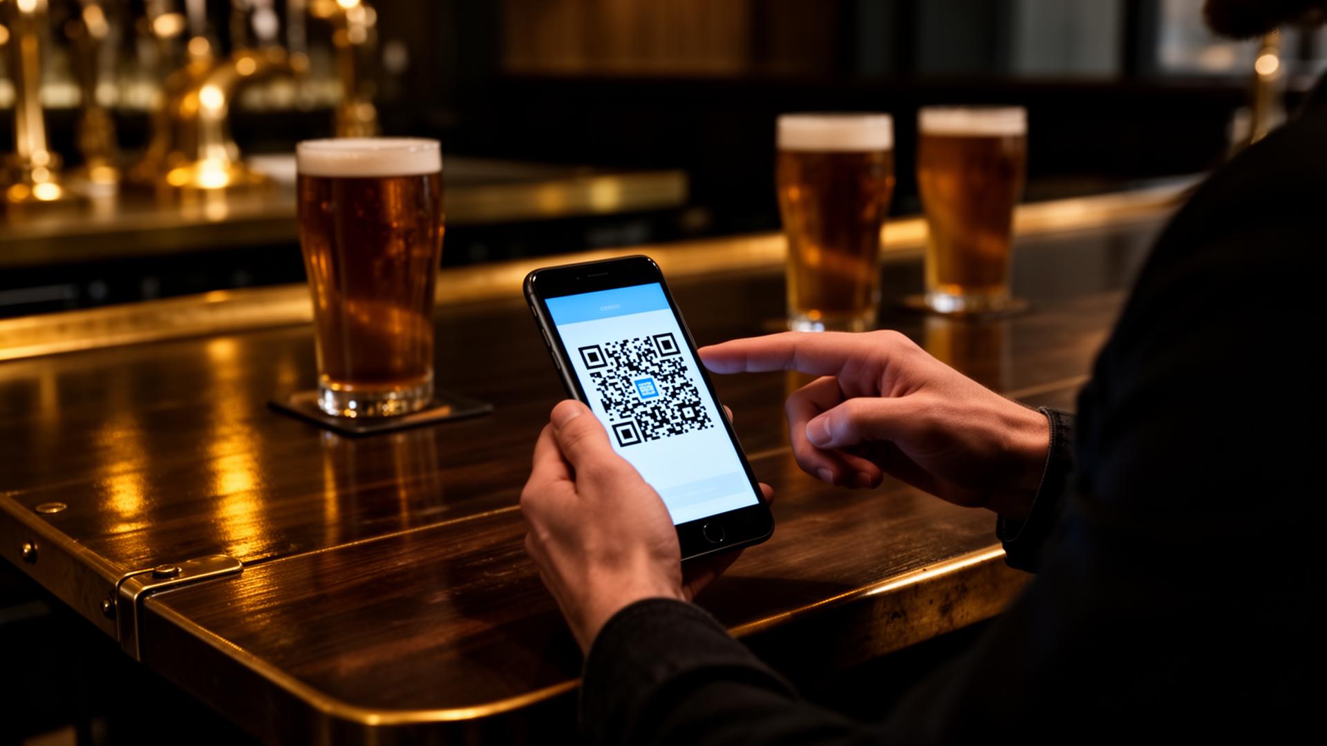Atmosphärisches Pub-Interior mit warmen Licht und QR-Bestellung