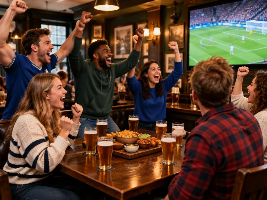 Jubelnde Fans am reservierten TV-Tisch