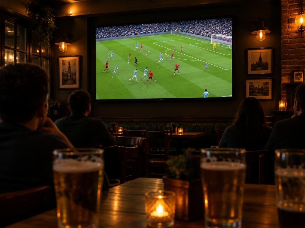 Großbildschirm mit Live-Fußball im Pub