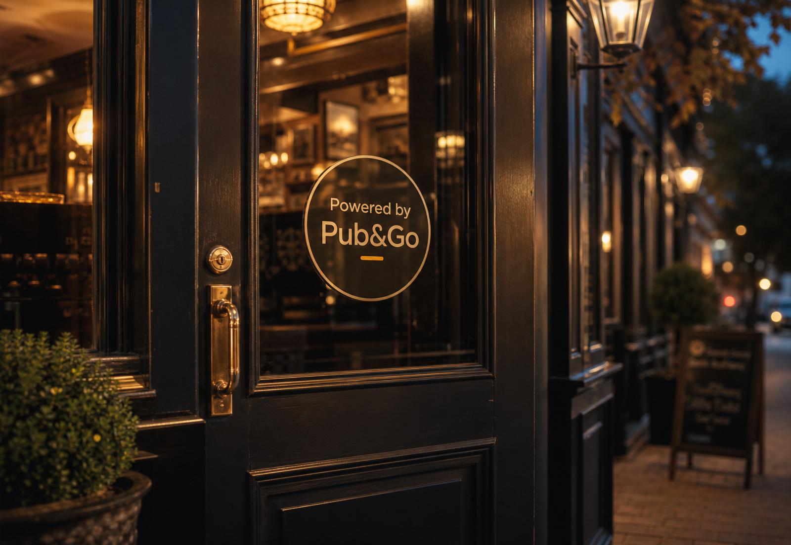 Pub-Eingang mit „Powered by Pub&Go" Türplakette am Abend